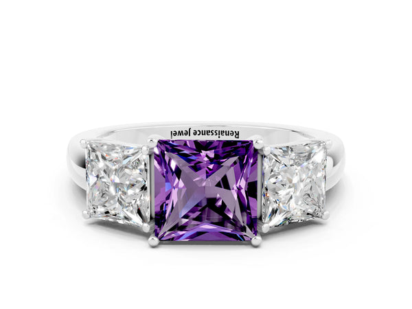 Silver Princess Cut Amethyst Three-Stone Ring with Four-Prong Setting and Classic Band