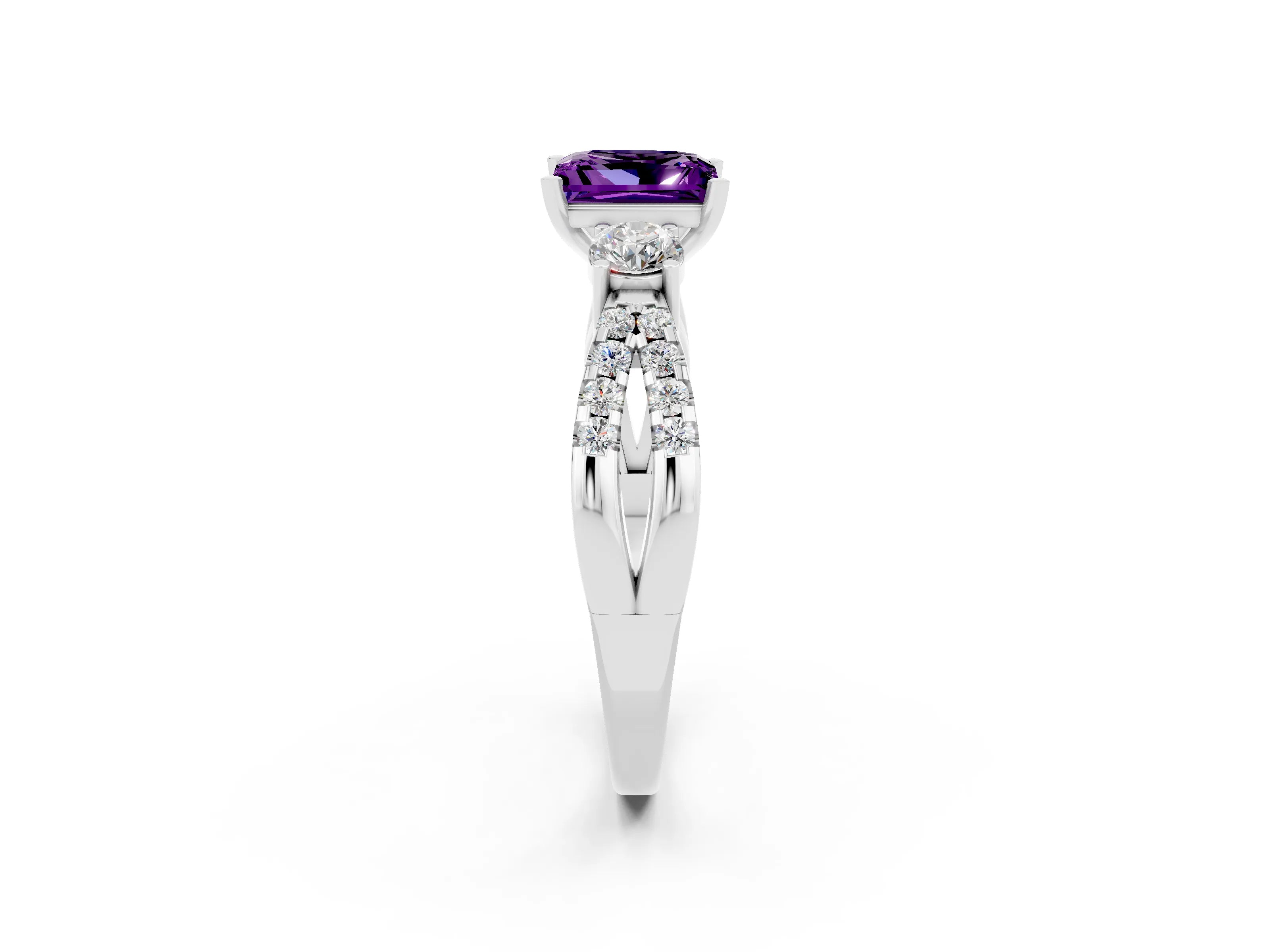 White gold Princess Cut Amethyst Three-Stone Ring with Pavé Split Shank and Four-Prong Setting_2