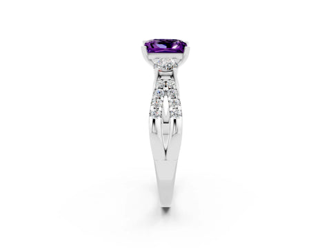 White gold Princess Cut Amethyst Three-Stone Ring with Pavé Split Shank and Four-Prong Setting_2