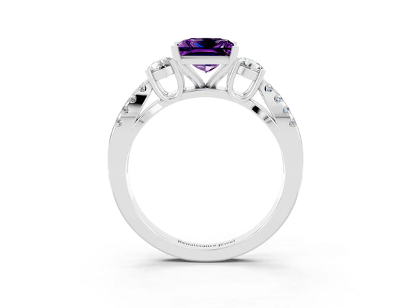 Platinum Princess Cut Amethyst Three-Stone Ring with Pavé Split Shank and Four-Prong Setting