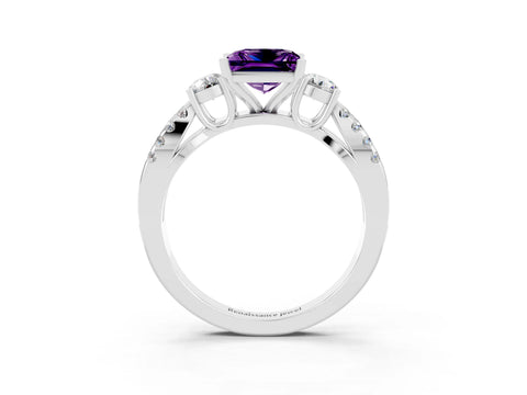 White gold Princess Cut Amethyst Three-Stone Ring with Pavé Split Shank and Four-Prong Setting_3