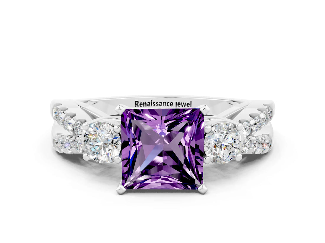 White gold Princess Cut Amethyst Three-Stone Ring with Pavé Split Shank and Four-Prong Setting