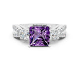White gold Princess Cut Amethyst Three-Stone Ring with Pavé Split Shank and Four-Prong Setting