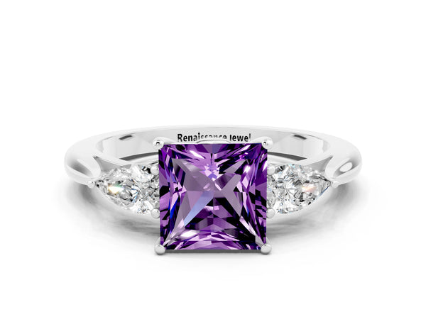 Platinum Princess Cut Amethyst Three-Stone Ring with Pear Side Stones and Prong Setting