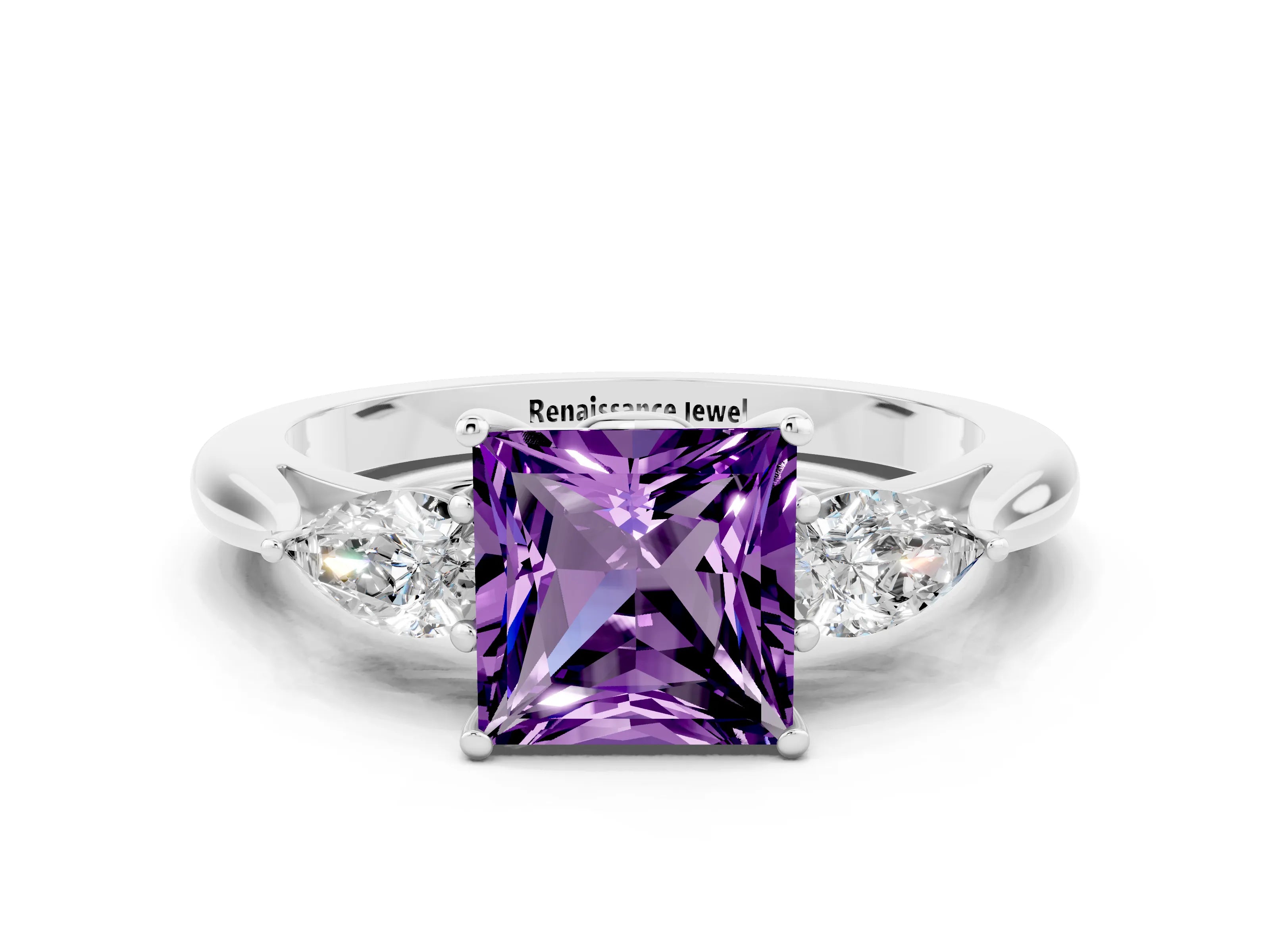 White gold Princess Cut Amethyst Three-Stone Ring with Pear Side Stones and Four-Prong Setting_12