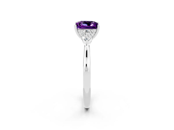 White gold Princess Cut Amethyst Three-Stone Ring with Pear Side Stones and Prong Setting