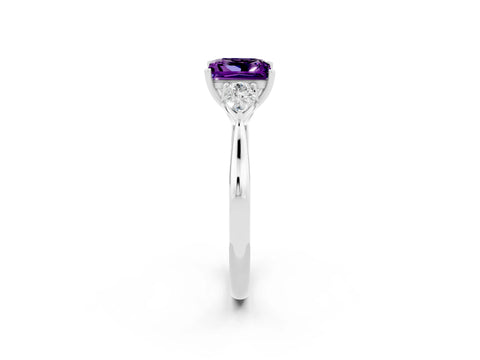 White gold Princess Cut Amethyst Three-Stone Ring with Pear Side Stones and Four-Prong Setting_14
