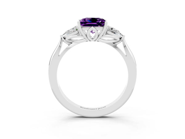 Platinum Princess Cut Amethyst Three-Stone Ring with Pear Side Stones and Prong Setting