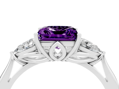 White gold Princess Cut Amethyst Three-Stone Ring with Pear Side Stones and Four-Prong Setting_16