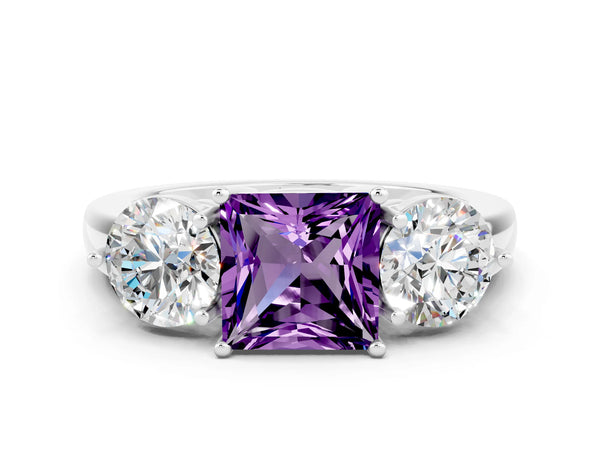 Platinum Princess Cut Amethyst Three-Stone Ring with Prong Setting and Classic Band