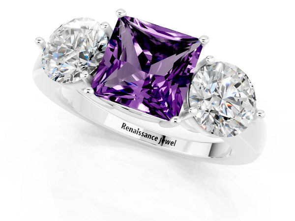Platinum Princess Cut Amethyst Three-Stone Ring with Prong Setting and Classic Band