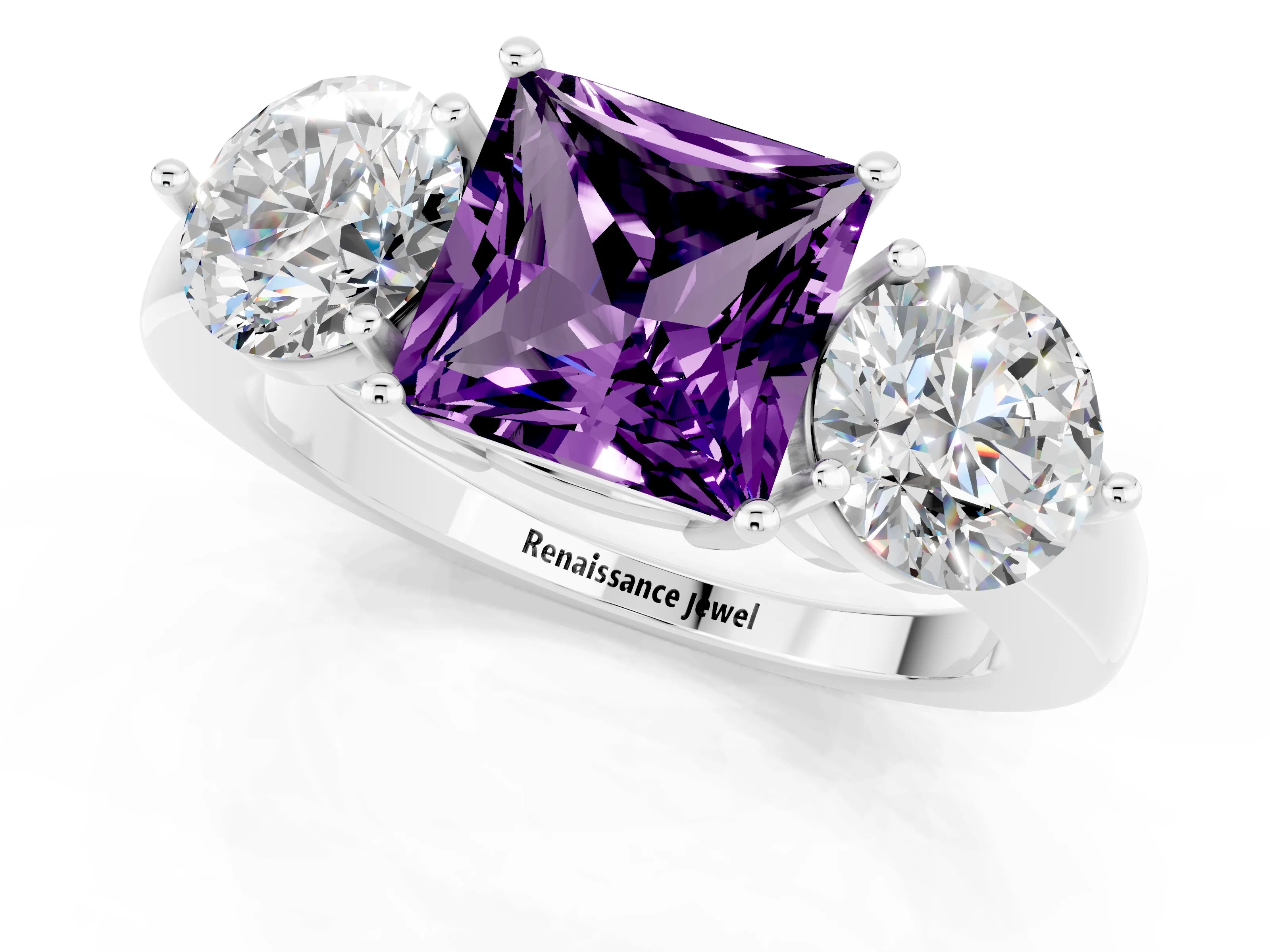 White gold Princess Cut Amethyst Three-Stone Ring with Prong Setting and Classic Band_1