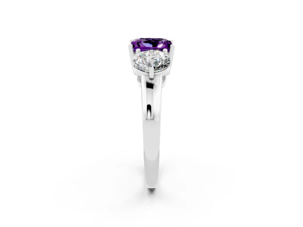 Platinum Princess Cut Amethyst Three-Stone Ring with Prong Setting and Classic Band