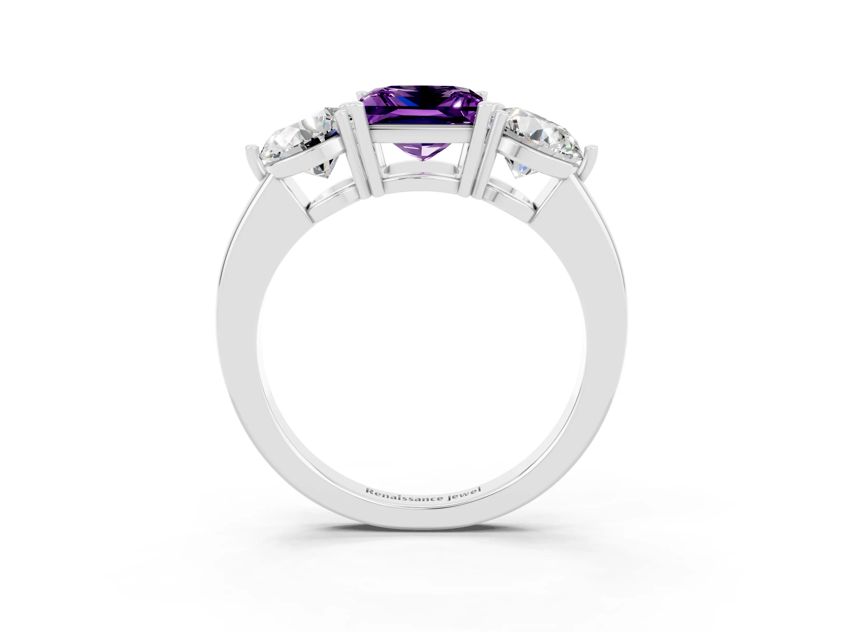 White gold Princess Cut Amethyst Three-Stone Ring with Prong Setting and Classic Band_3