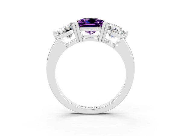 Platinum Princess Cut Amethyst Three-Stone Ring with Prong Setting and Classic Band