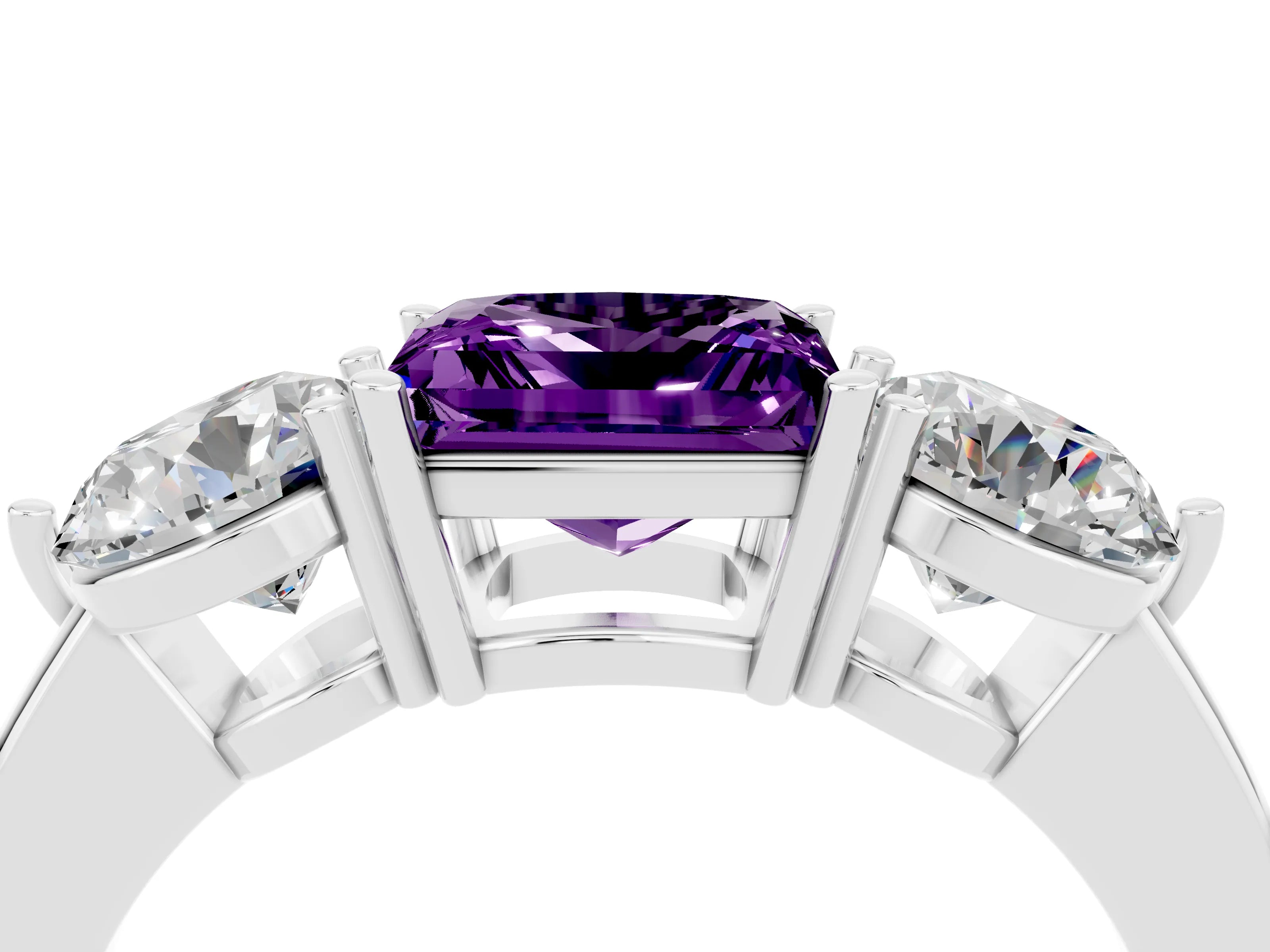 White gold Princess Cut Amethyst Three-Stone Ring with Prong Setting and Classic Band_4