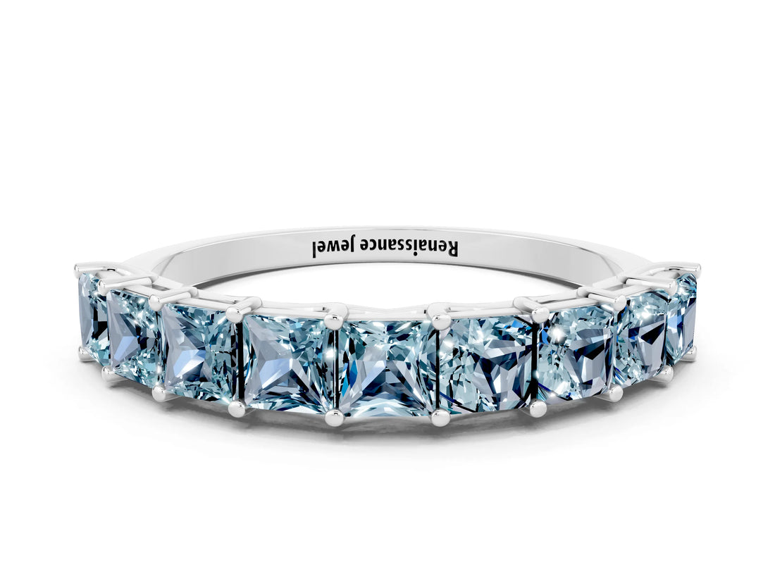 White gold Princess Cut Aquamarine Channel-Set Eternity Band with Prong Setting_6