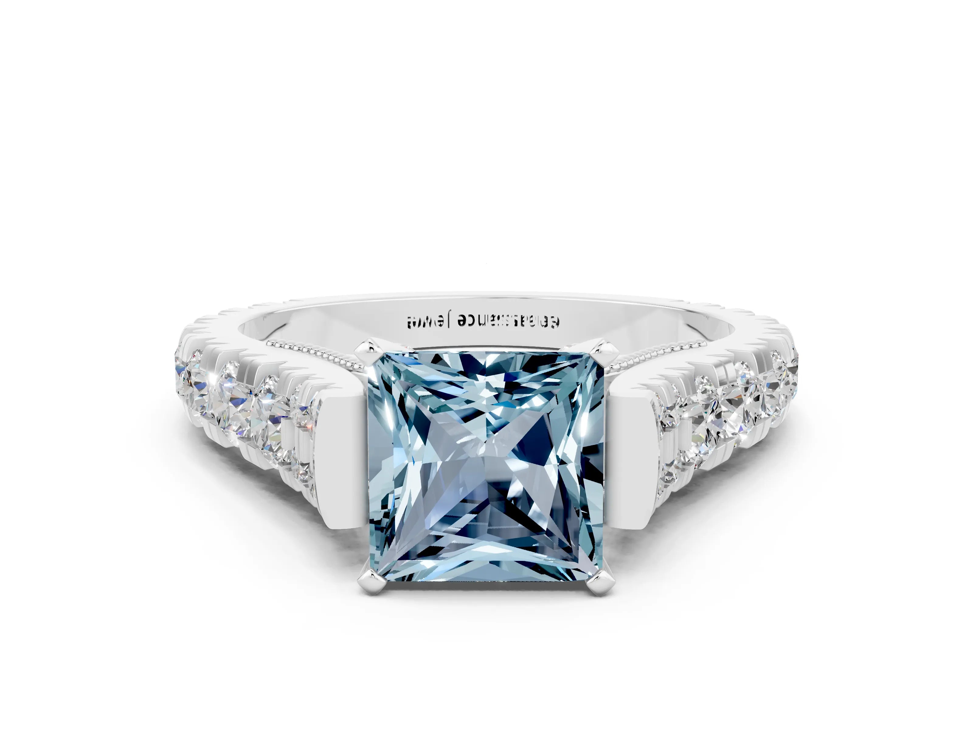 White gold Princess Cut Aquamarine Classic Solitaire Ring with Pavé Band and Four-Prong Setting