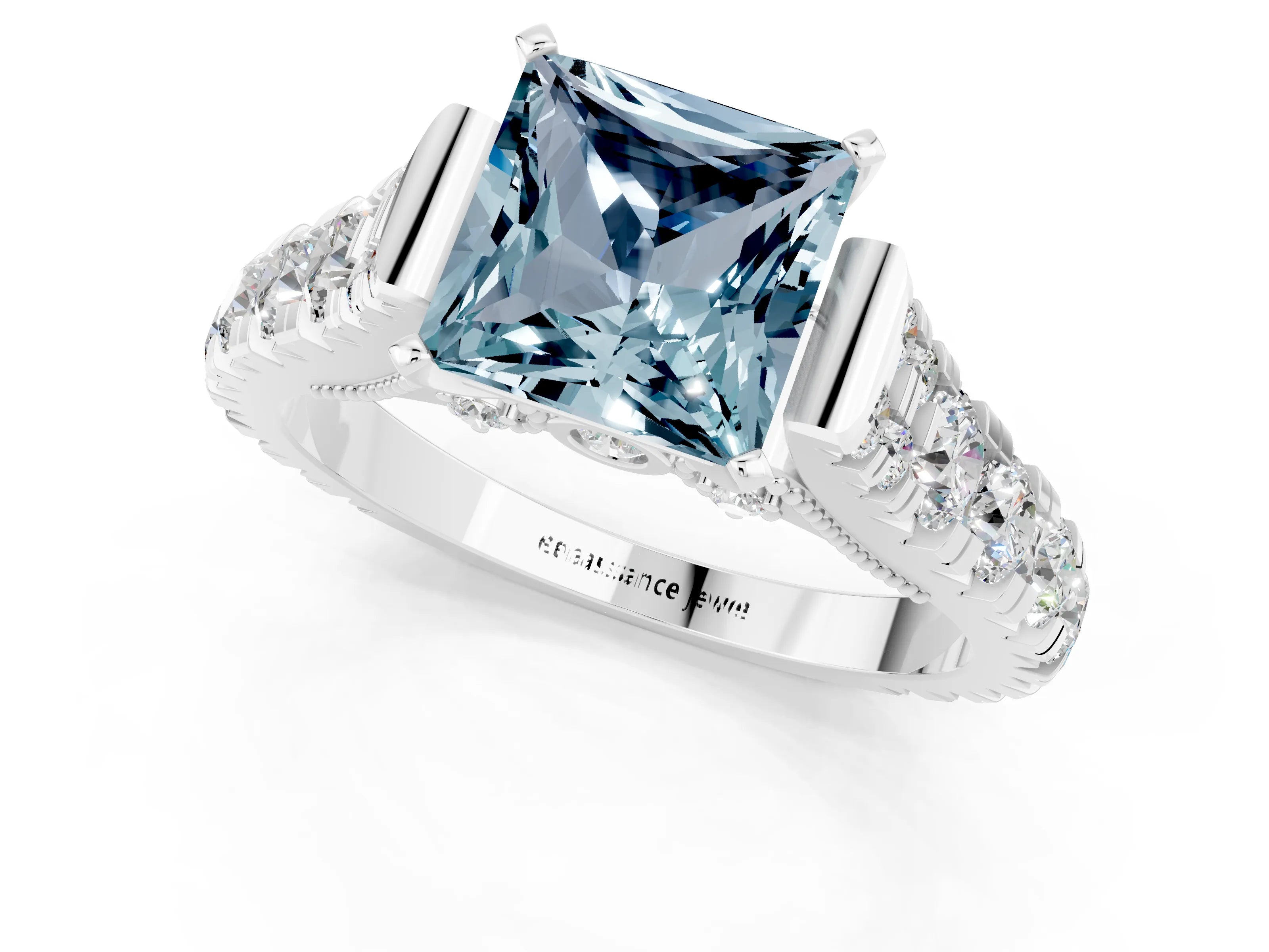 White gold Princess Cut Aquamarine Classic Solitaire Ring with Pavé Band and Four-Prong Setting_1