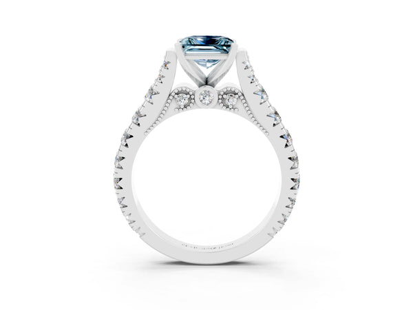 Platinum Princess Cut Aquamarine Classic Solitaire Ring with Pavé Band and Four-Prong Setting