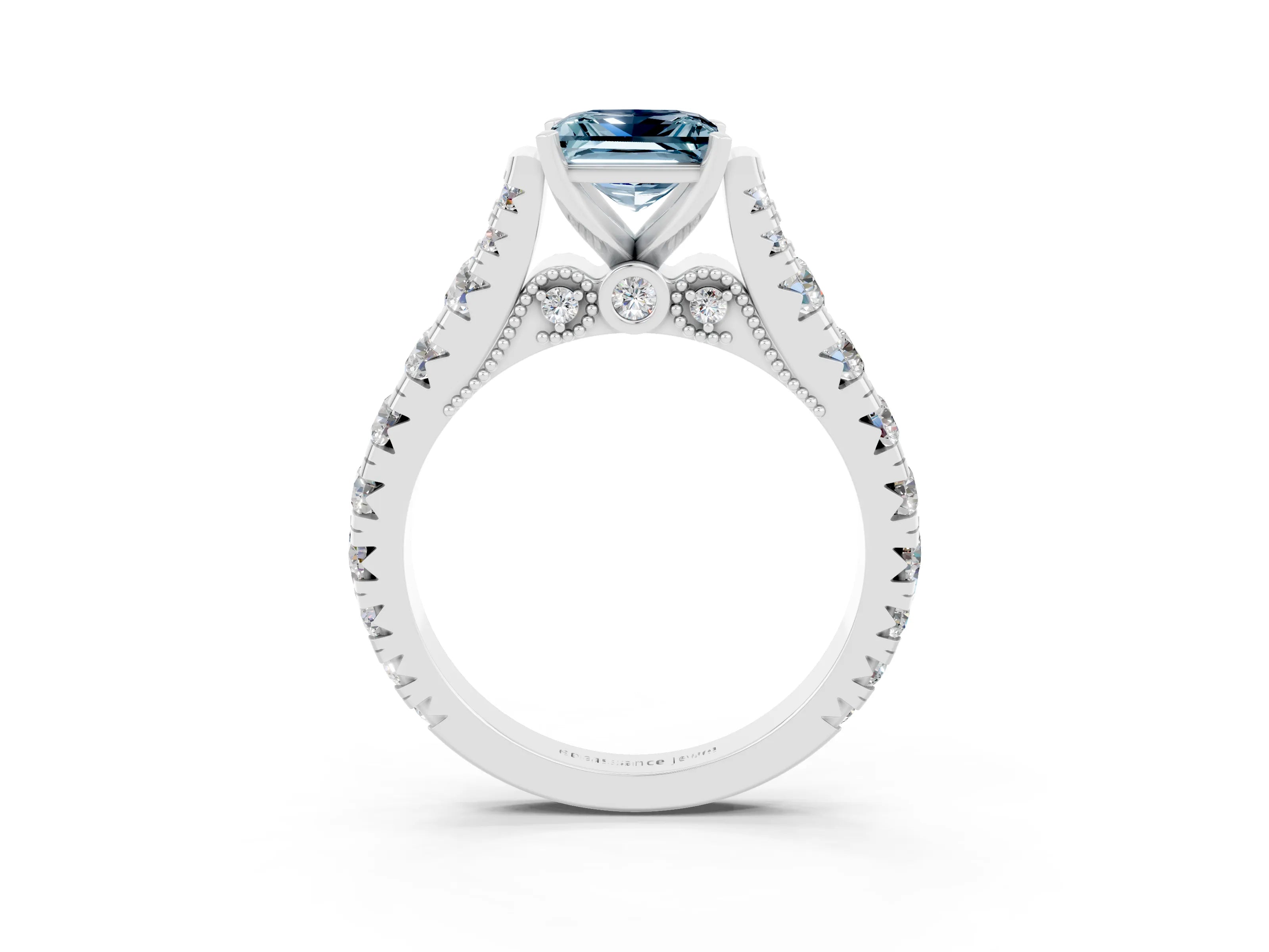 White gold Princess Cut Aquamarine Classic Solitaire Ring with Pavé Band and Four-Prong Setting_3