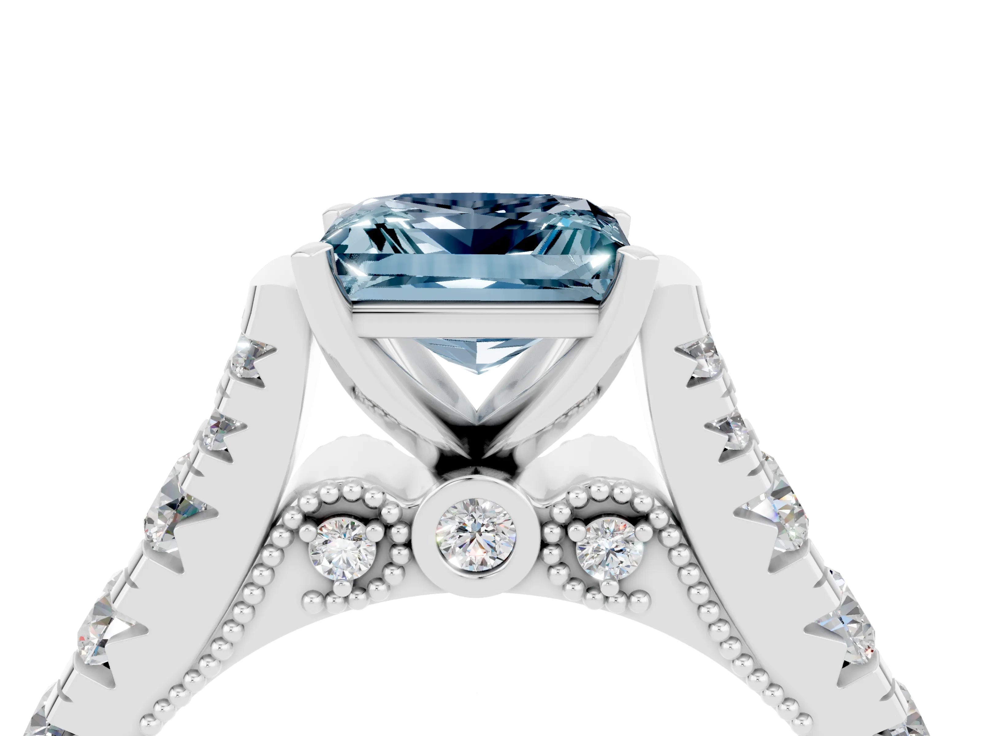 White gold Princess Cut Aquamarine Classic Solitaire Ring with Pavé Band and Four-Prong Setting_4
