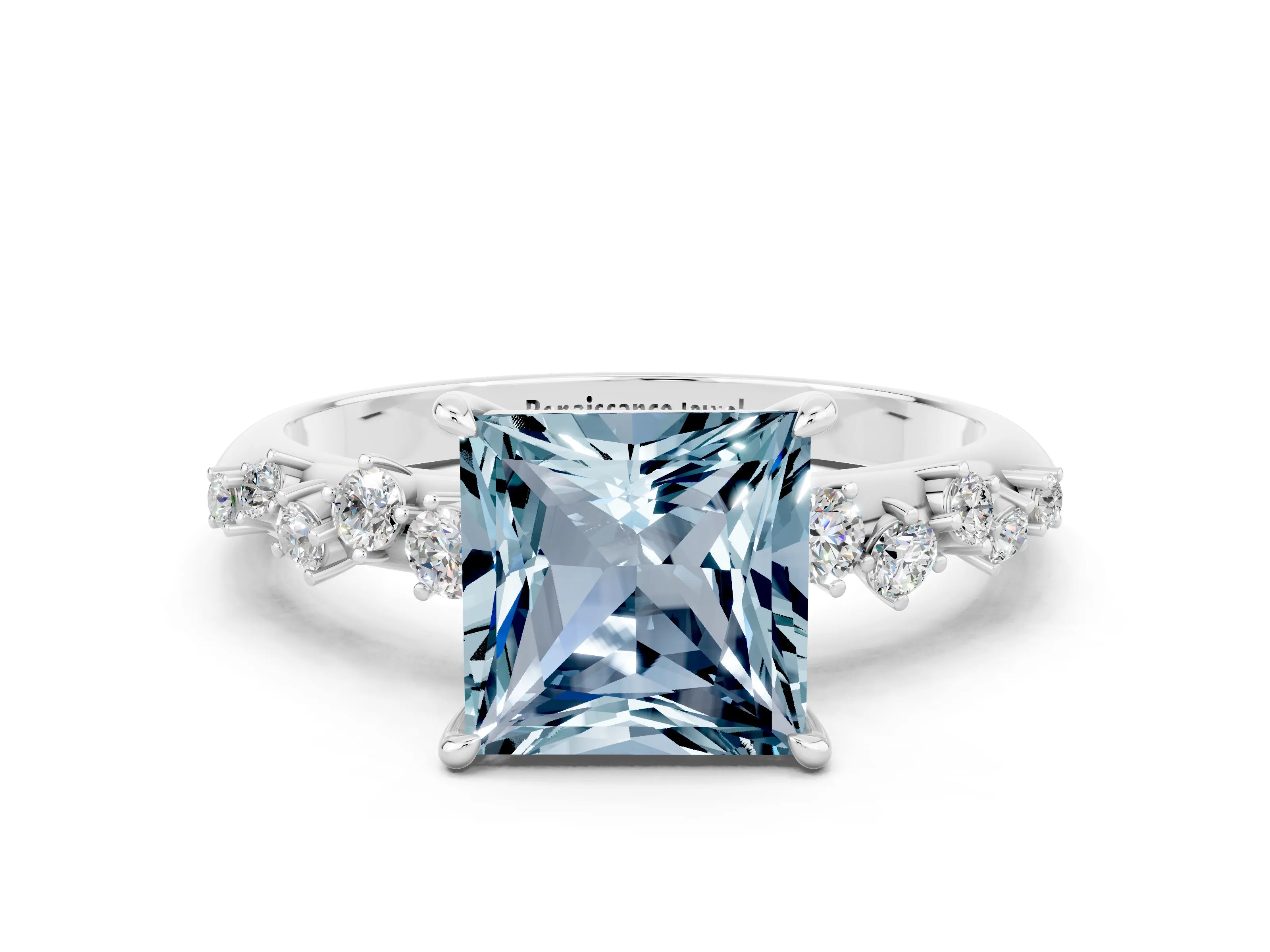 White gold Princess Cut Aquamarine Cluster Side Stone Solitaire Ring with Prong Setting_24