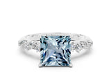 White gold Princess Cut Aquamarine Cluster Side Stone Solitaire Ring with Prong Setting_24