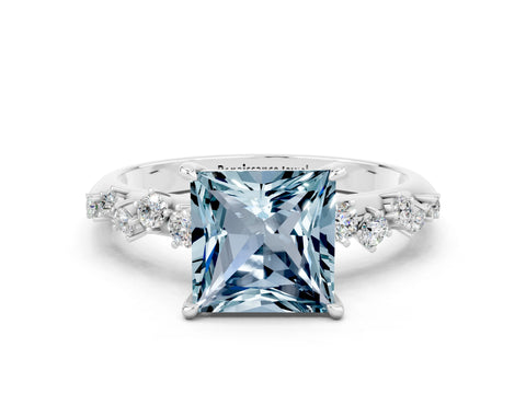 White gold Princess Cut Aquamarine Cluster Side Stone Solitaire Ring with Prong Setting_24