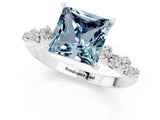 White gold Princess Cut Aquamarine Cluster Side Stone Solitaire Ring with Prong Setting_25