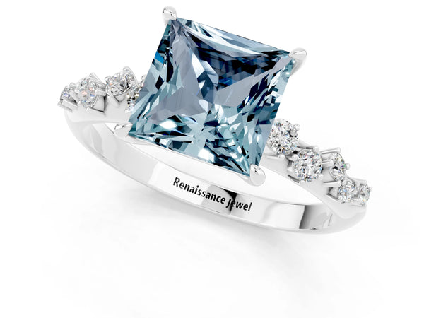 Silver Princess Cut Aquamarine Cluster Side Stone Solitaire Ring with Prong Setting