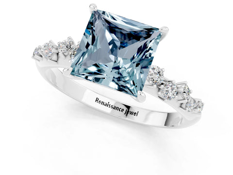White gold Princess Cut Aquamarine Cluster Side Stone Solitaire Ring with Prong Setting_25