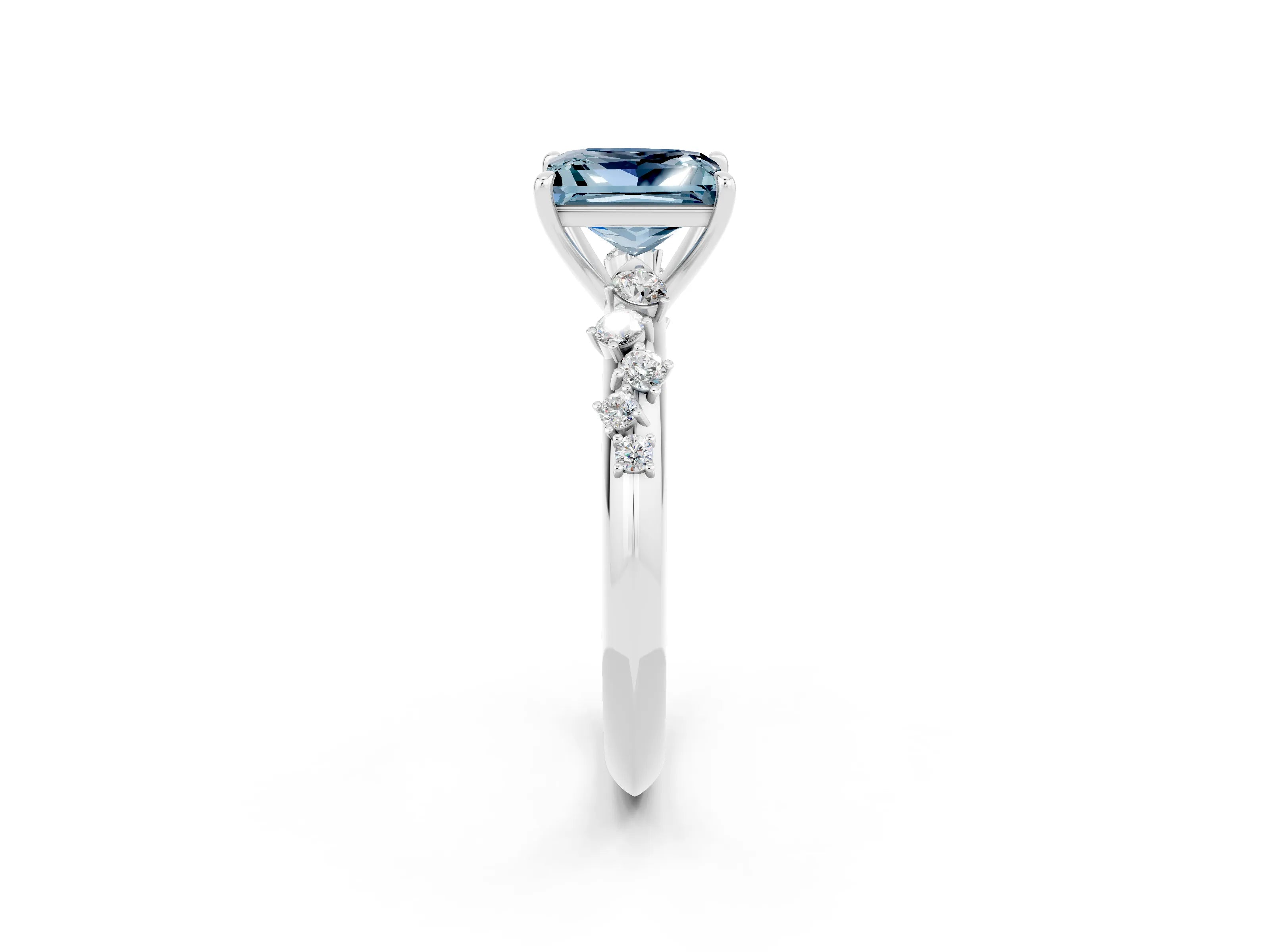 White gold Princess Cut Aquamarine Cluster Side Stone Solitaire Ring with Prong Setting_26