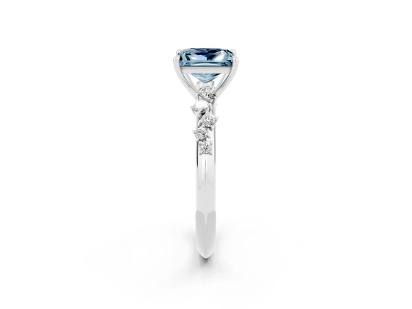 White gold Princess Cut Aquamarine Cluster Side Stone Solitaire Ring with Prong Setting