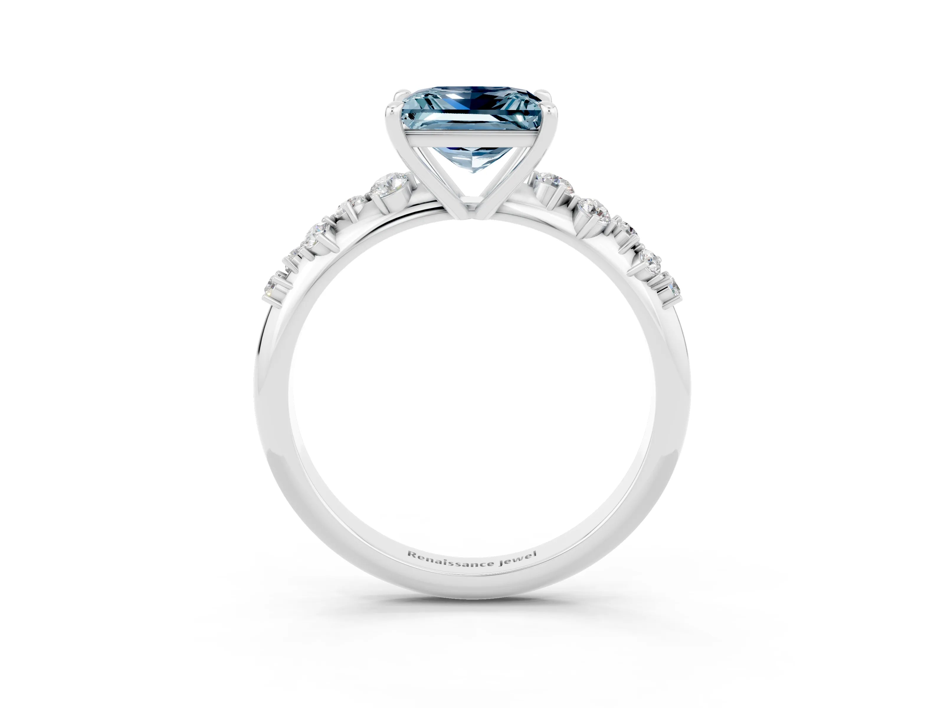 White gold Princess Cut Aquamarine Cluster Side Stone Solitaire Ring with Prong Setting_27
