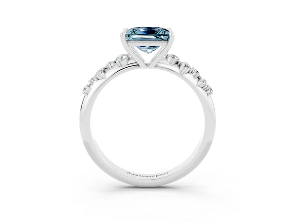 White gold Princess Cut Aquamarine Cluster Side Stone Solitaire Ring with Prong Setting