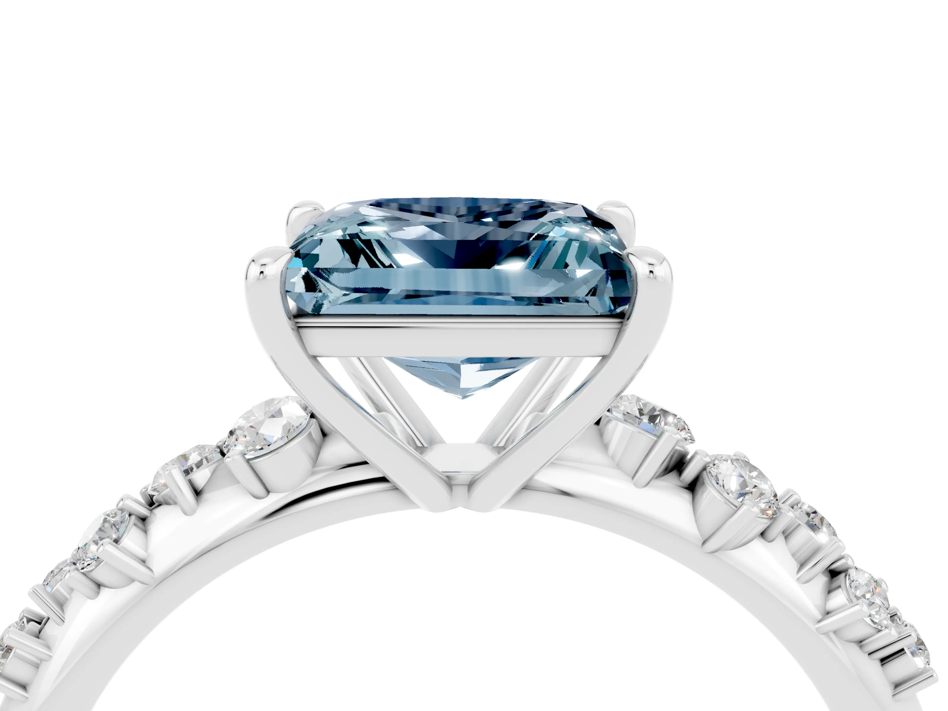 White gold Princess Cut Aquamarine Cluster Side Stone Solitaire Ring with Prong Setting_28