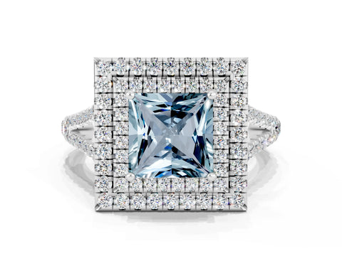 White gold Princess Cut Aquamarine Double Halo Ring with Pavé Band and Prong Setting_12
