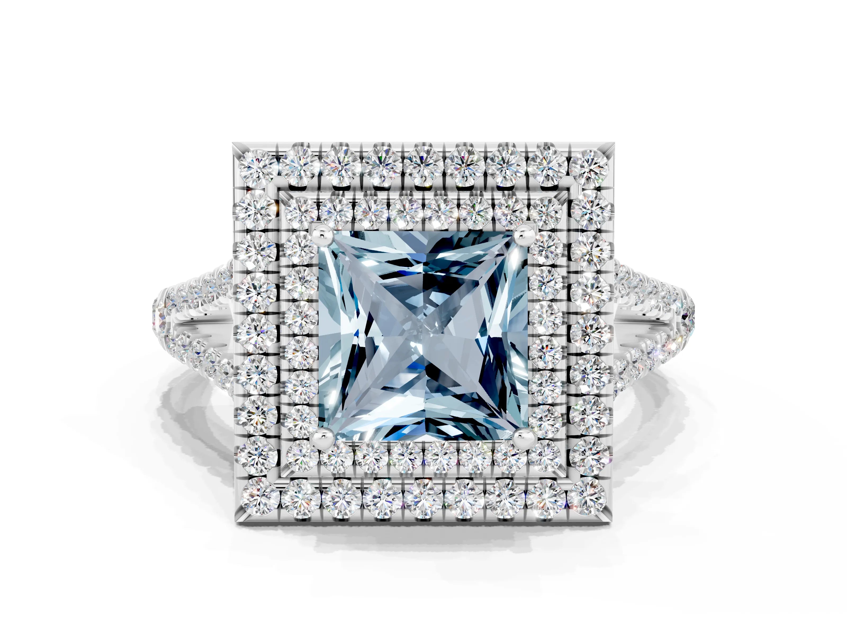 White gold Princess Cut Aquamarine Double Halo Ring with Pavé Band and Prong Setting_12
