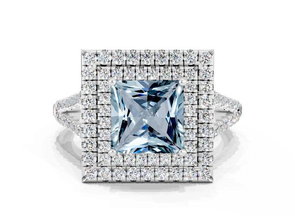 White gold Princess Cut Aquamarine Double Halo Ring with Pavé Band and Prong Setting