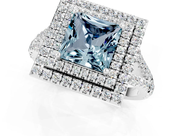 Platinum Princess Cut Aquamarine Double Halo Ring with Pavé Band and Prong Setting