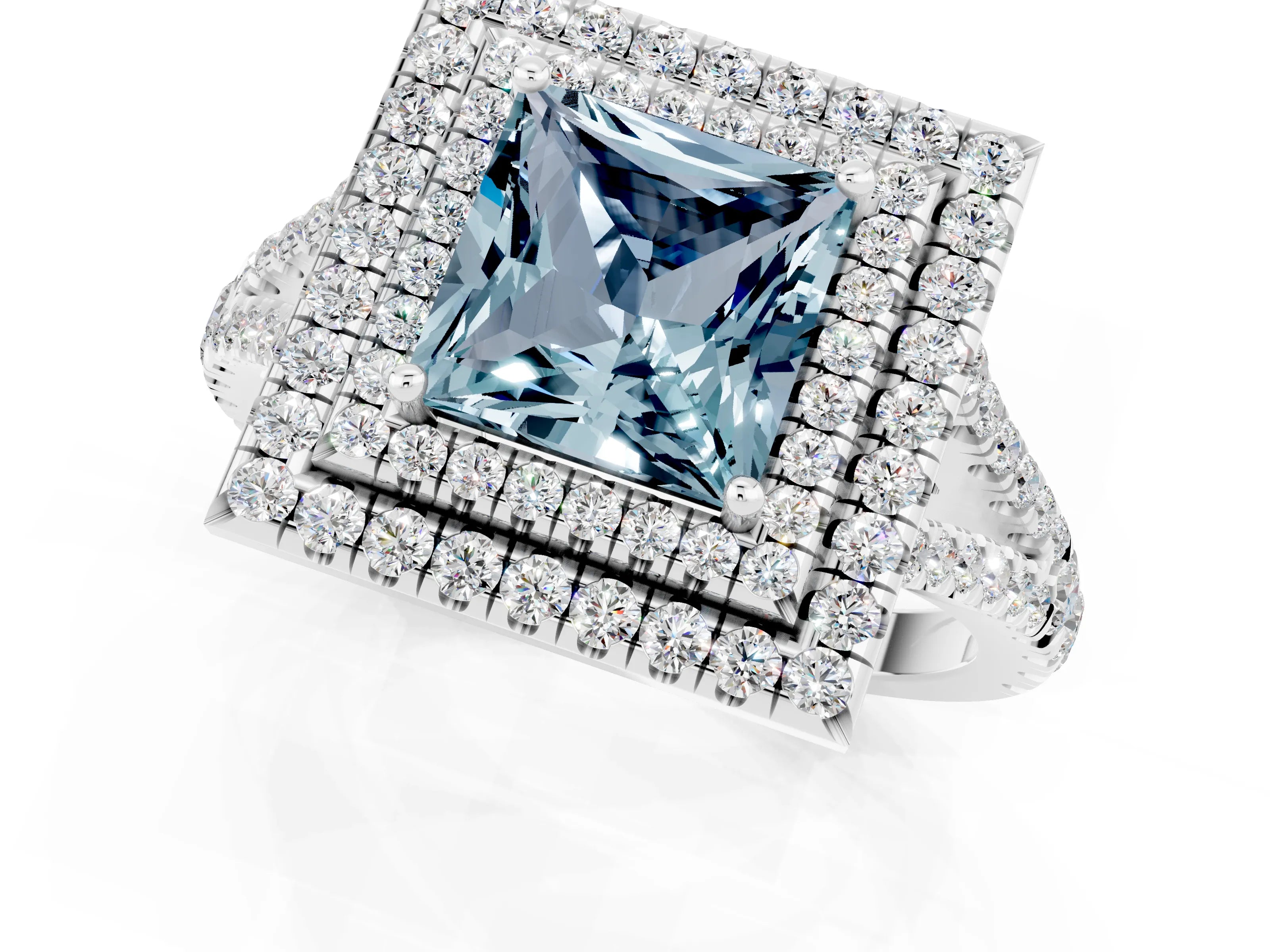 White gold Princess Cut Aquamarine Double Halo Ring with Pavé Band and Prong Setting_13