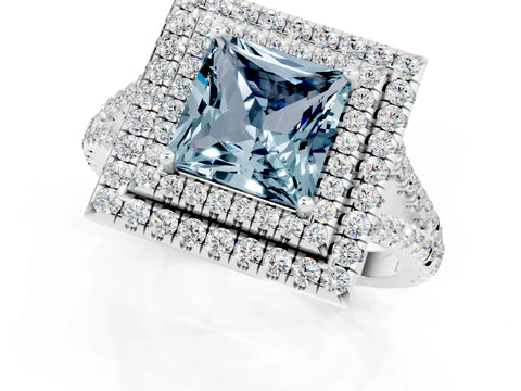 White gold Princess Cut Aquamarine Double Halo Ring with Pavé Band and Prong Setting_13