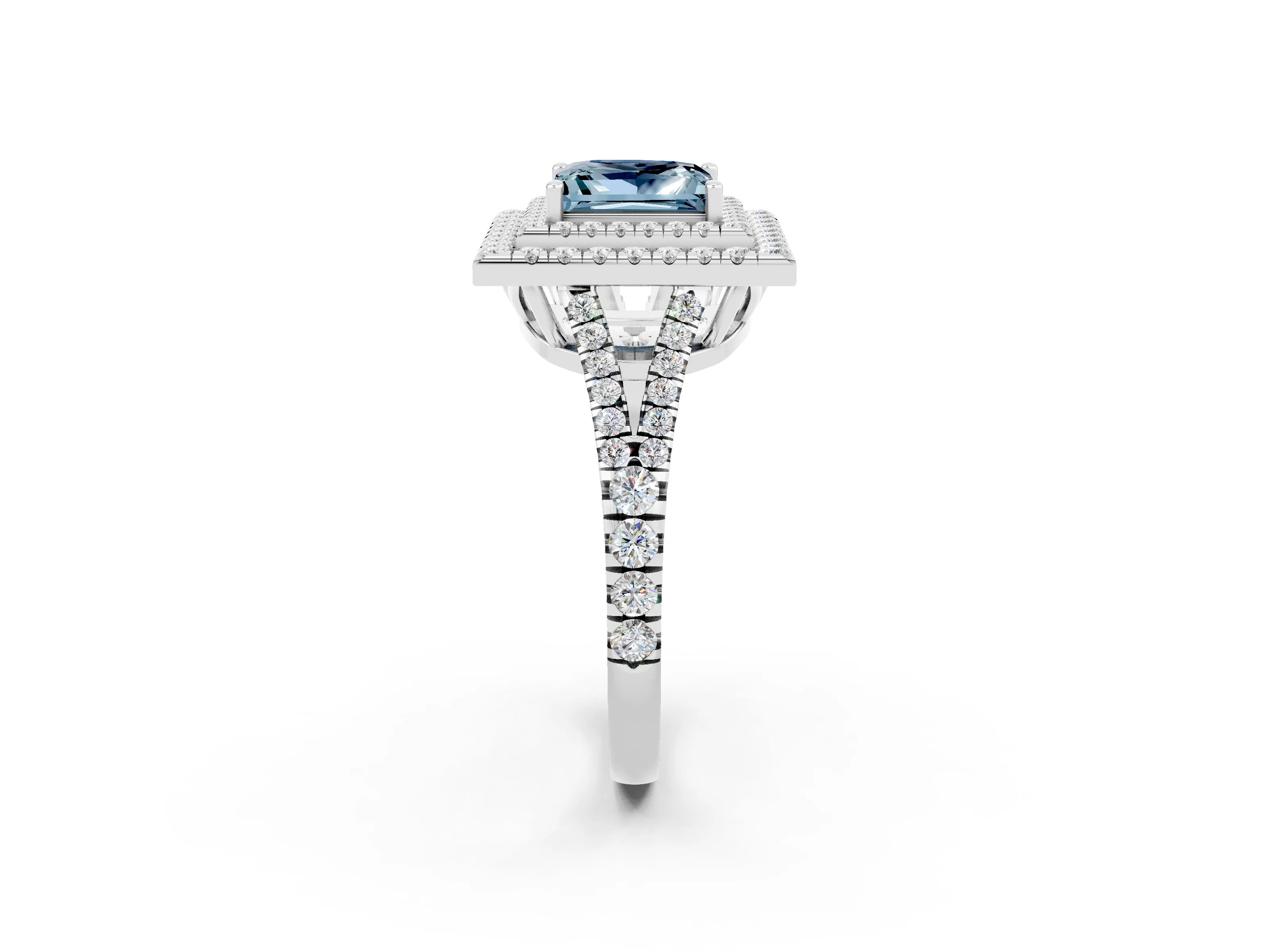 White gold Princess Cut Aquamarine Double Halo Ring with Pavé Band and Prong Setting_14