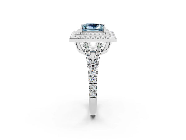 Platinum Princess Cut Aquamarine Double Halo Ring with Pavé Band and Prong Setting