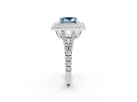 White gold Princess Cut Aquamarine Double Halo Ring with Pavé Band and Prong Setting_14