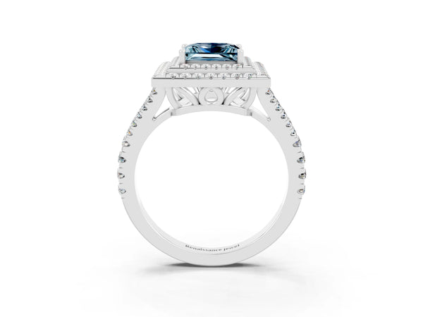 Platinum Princess Cut Aquamarine Double Halo Ring with Pavé Band and Prong Setting