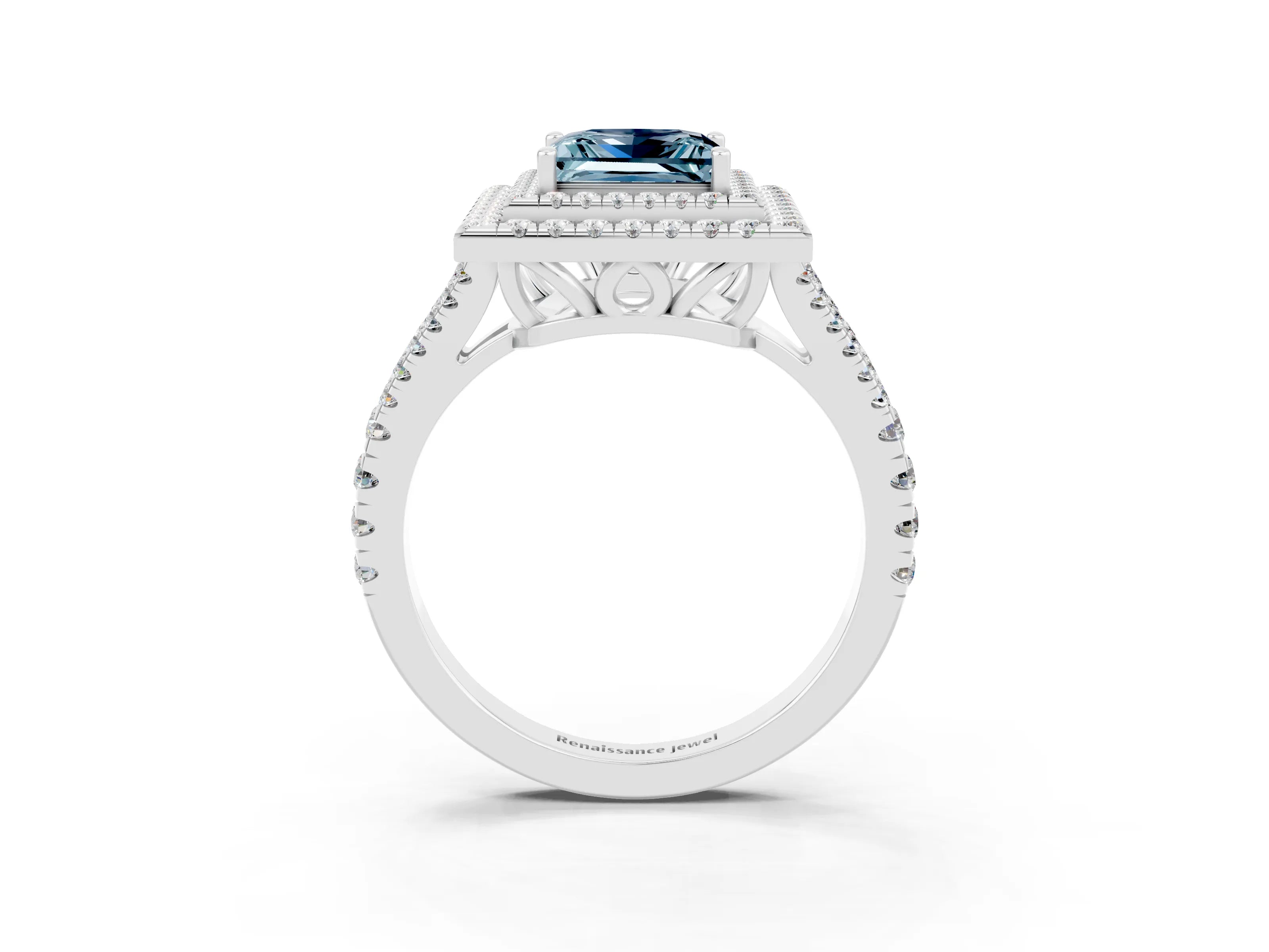 White gold Princess Cut Aquamarine Double Halo Ring with Pavé Band and Prong Setting_15