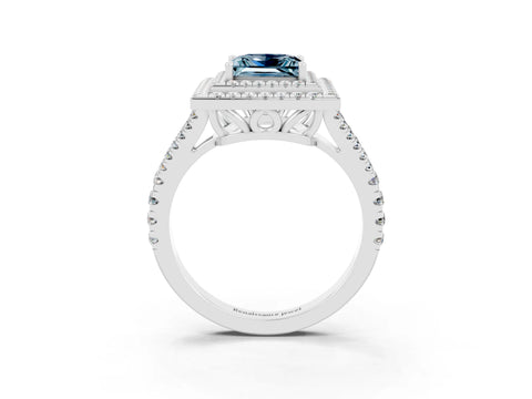 White gold Princess Cut Aquamarine Double Halo Ring with Pavé Band and Prong Setting_15