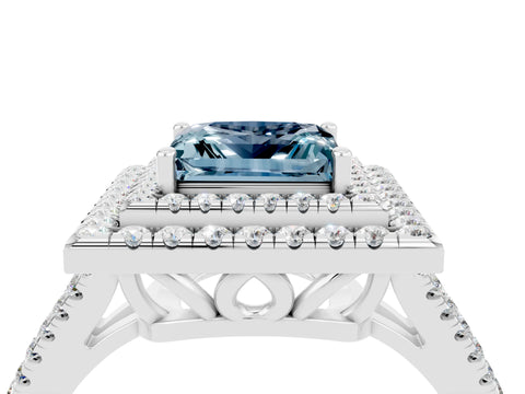 White gold Princess Cut Aquamarine Double Halo Ring with Pavé Band and Prong Setting_16